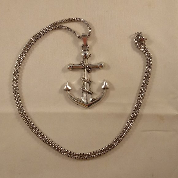 Mens Silver Stainless Steel Boat Anchor Rope Pendant Rolo Chain Necklace Gift - Picture 3 of 6